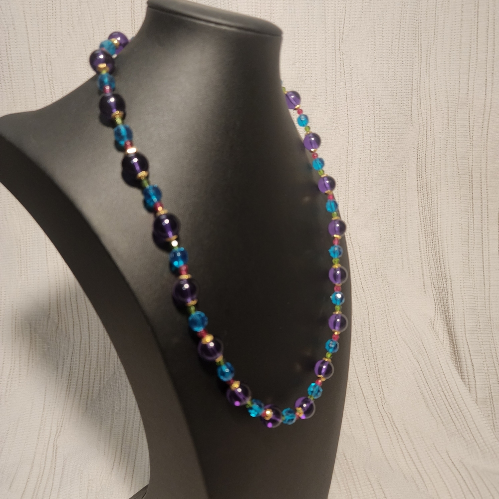 Trifari Beaded Necklace Colorful Acrylic Purple Blue 23" Vintage 80s 90s